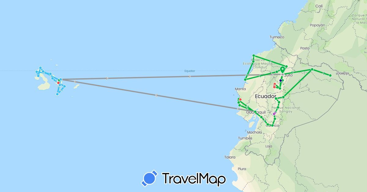 TravelMap itinerary: driving, bus, plane, train, hiking, boat in Ecuador (South America)
